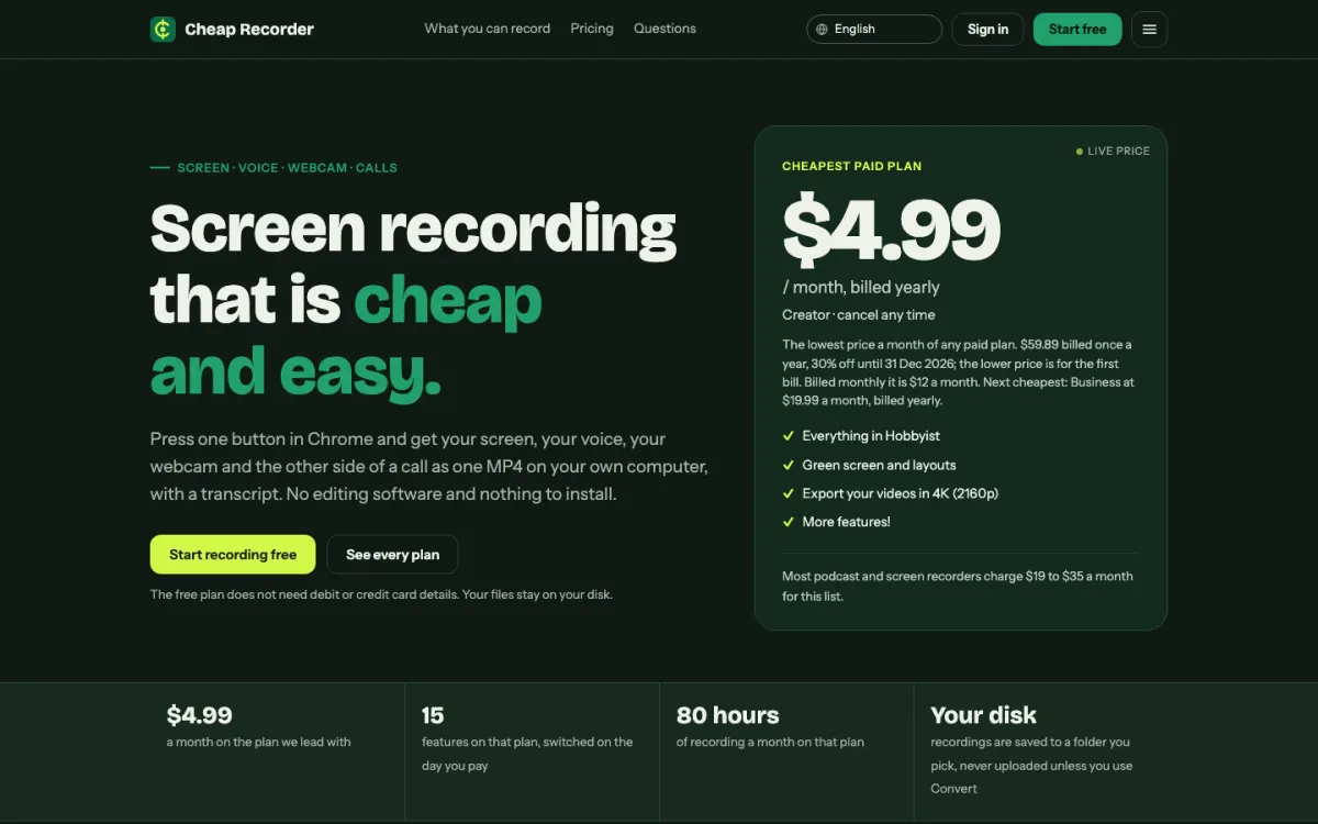 cheaprecorder.com on desktop